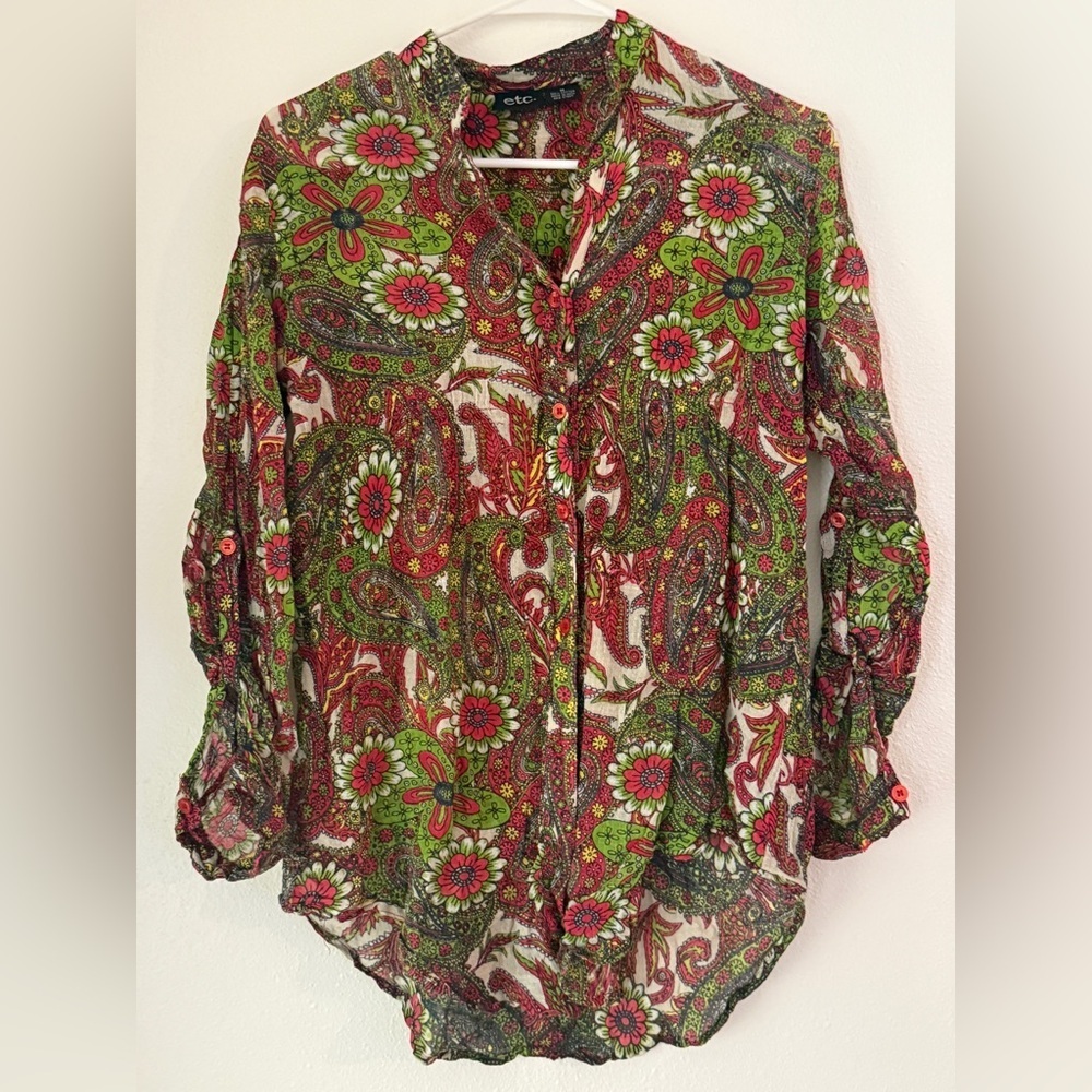 ETC Womens Shirt Button Front Multi Paisley Top Size M Y2K
